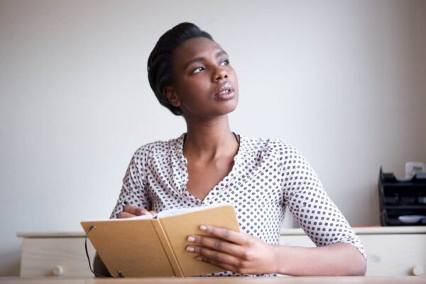 person with their journal wondering to themselves "what are your intentions when using intention journal"