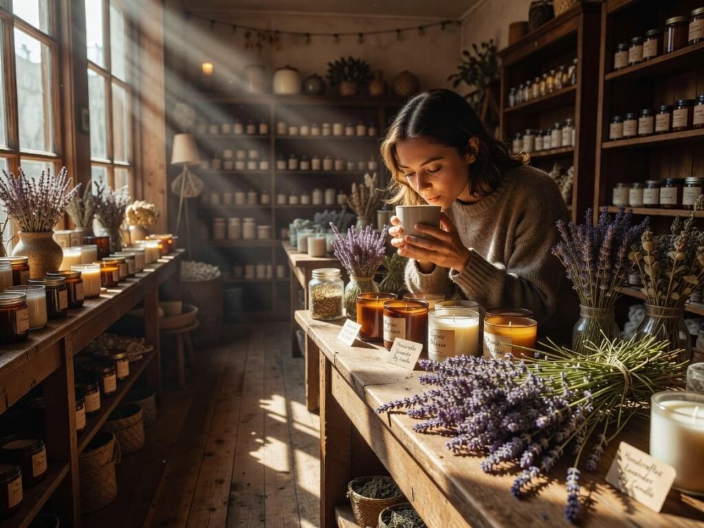 person smelling fragrance of candle surrounded by dried lavender plants