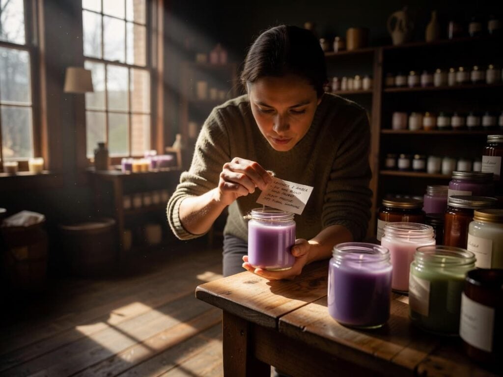 person reading candle labels