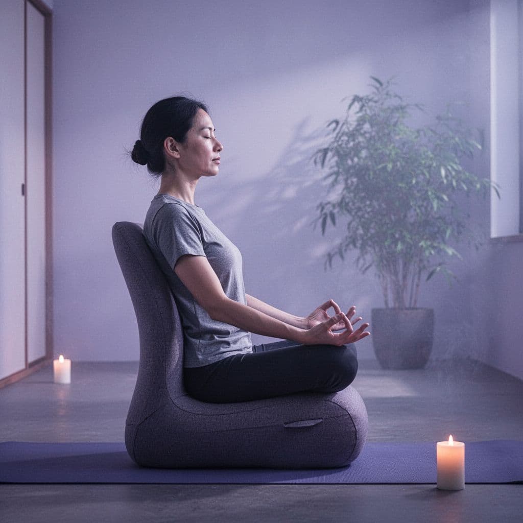 illustration of person in a meditation cushioned floor seat with back support