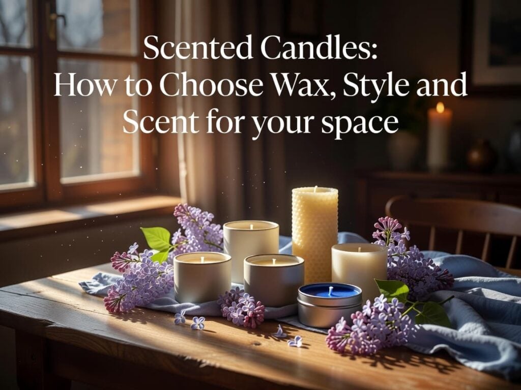image of various candles and dried lavender herbs on table as blog is about how to choose scented candles for your space