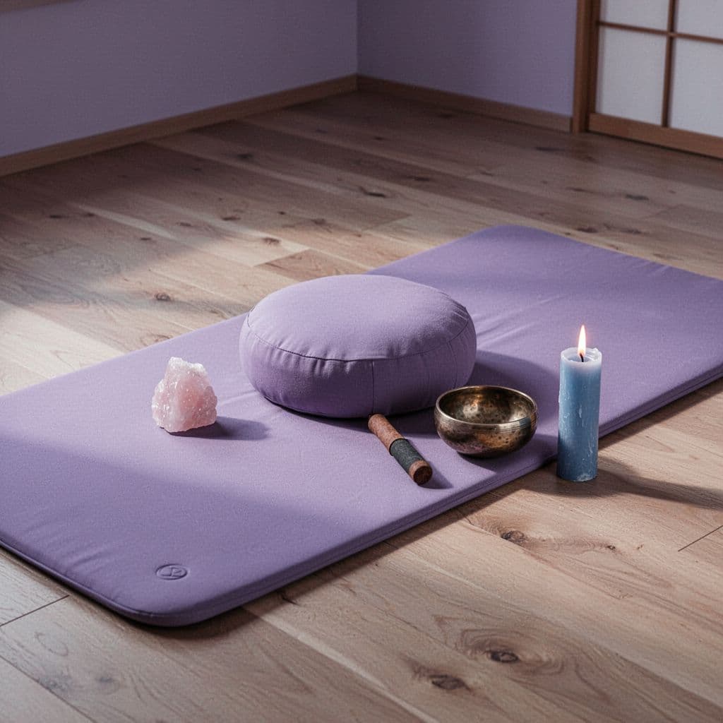 illustration of a meditation mat with seating cushion with candle, singing bowl and crystal