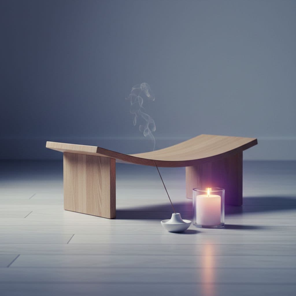 illustration of a wooden meditation bench alongside is incense and candle