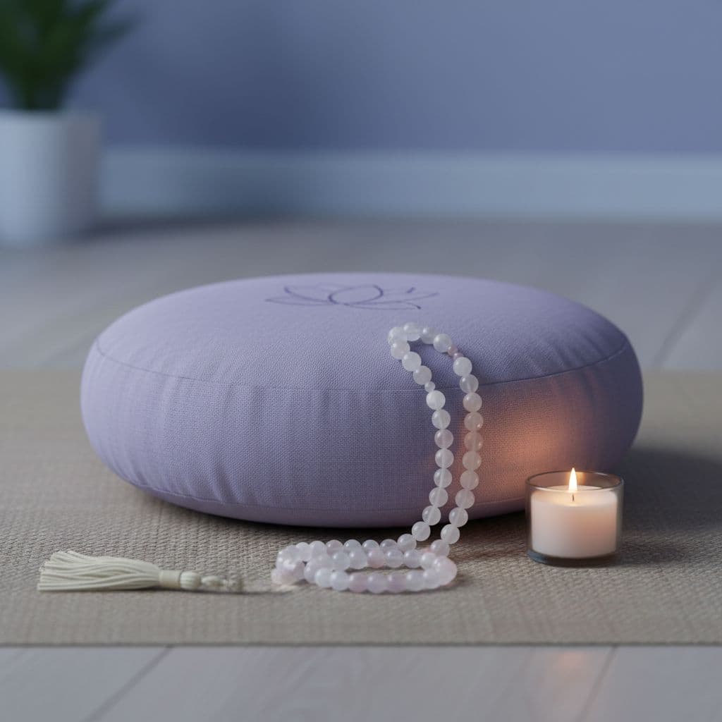 illustration of a meditation cushion alongside a candle and mala beads