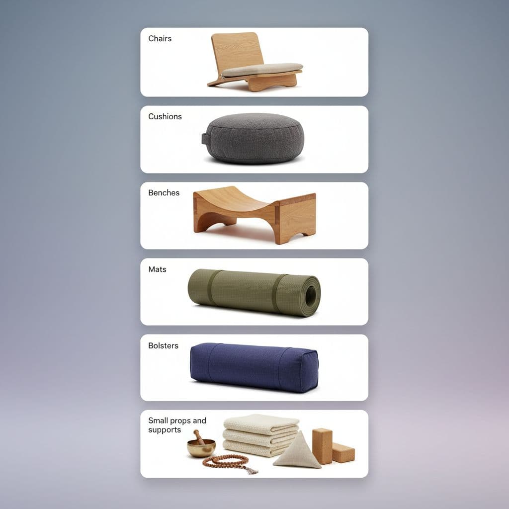 illustration of 6 individual meditation furniture elements like cushion, seat, mat, bolsters, blankets and other elements