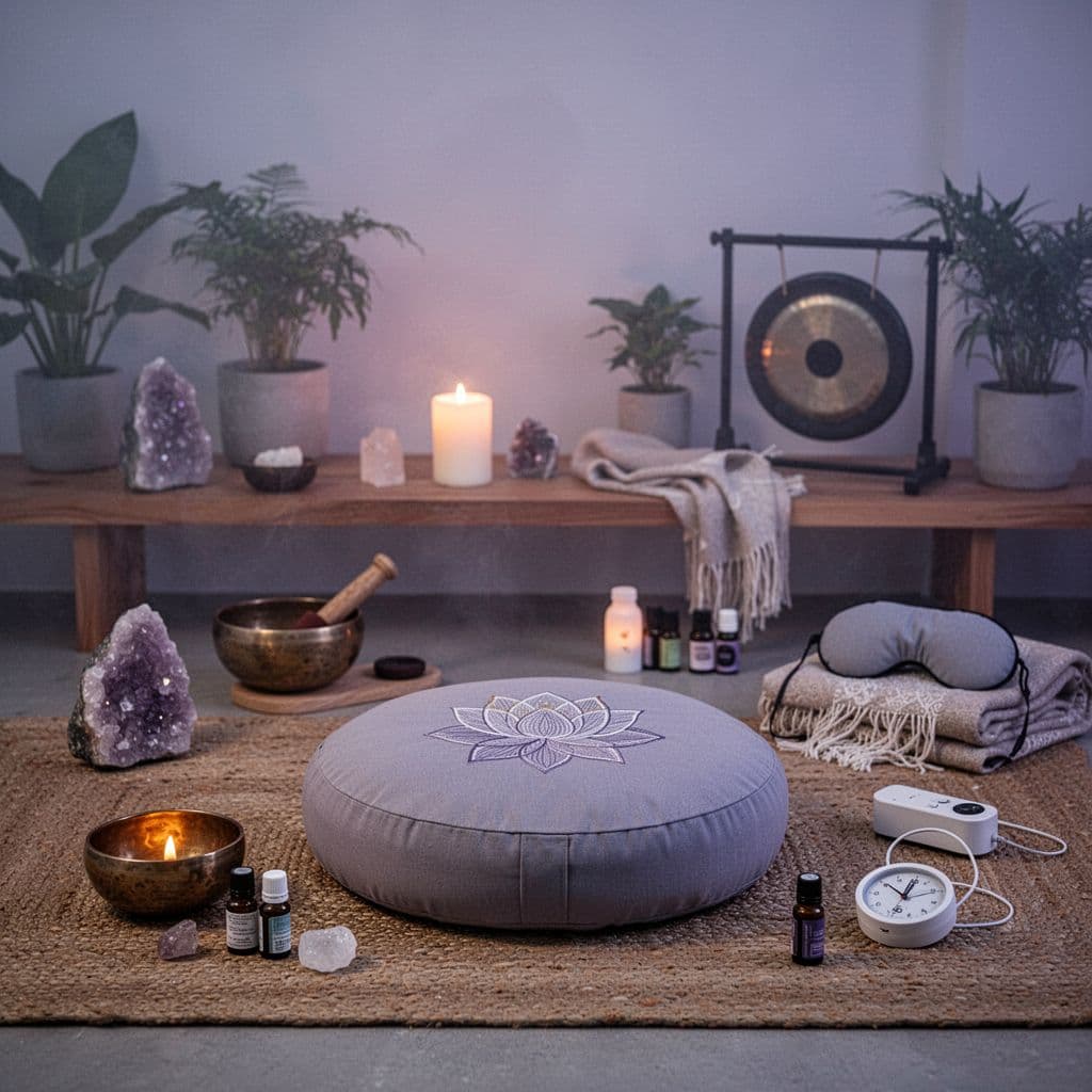 illustration of various meditation tools as well as round meditation cushion