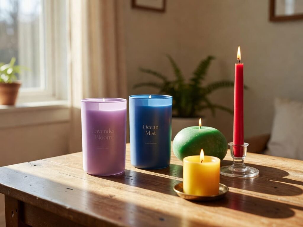 various candle shapes and styles sitting on a wooden table