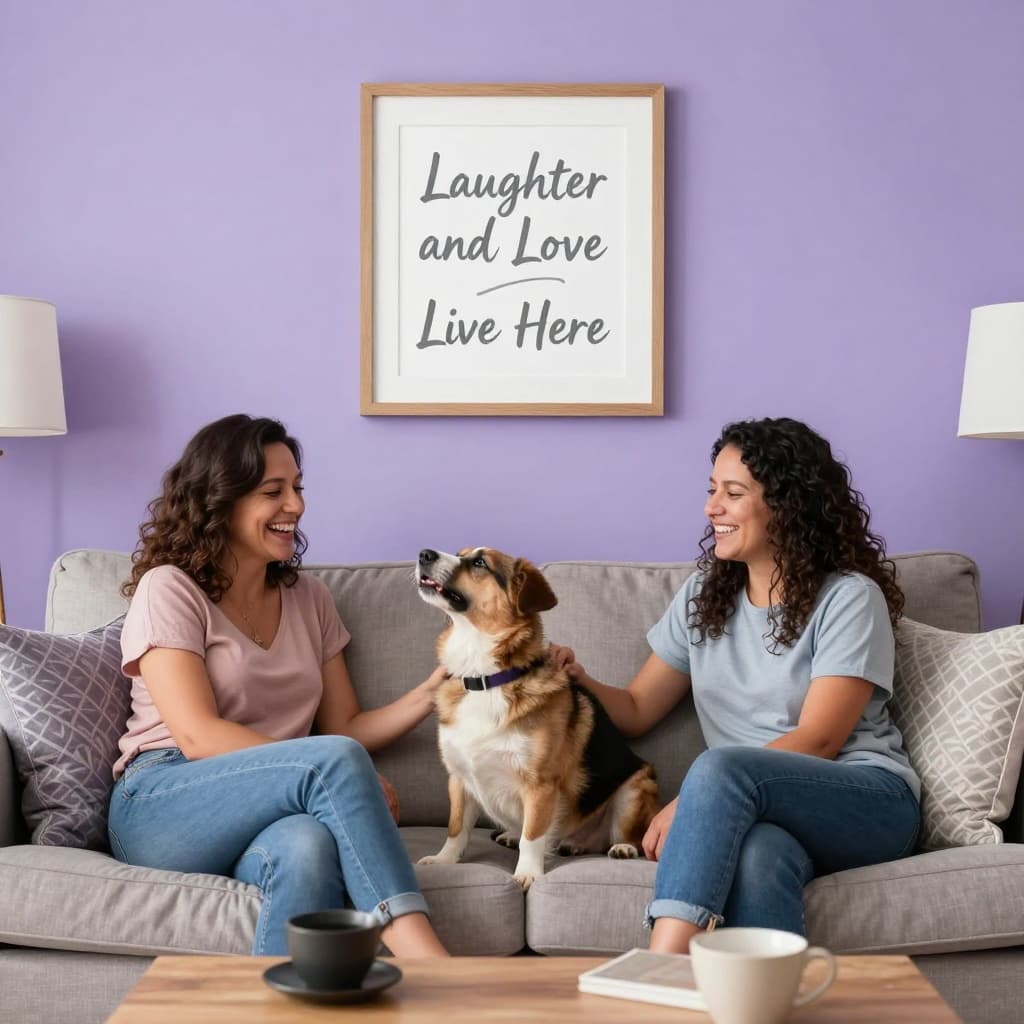 2 people on lounge laughing with their dog