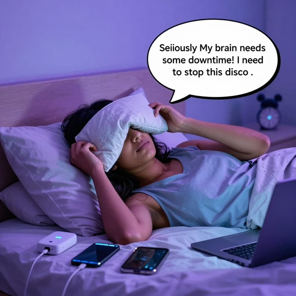 person trying to rest their brain but have laptops and mobiles on bed