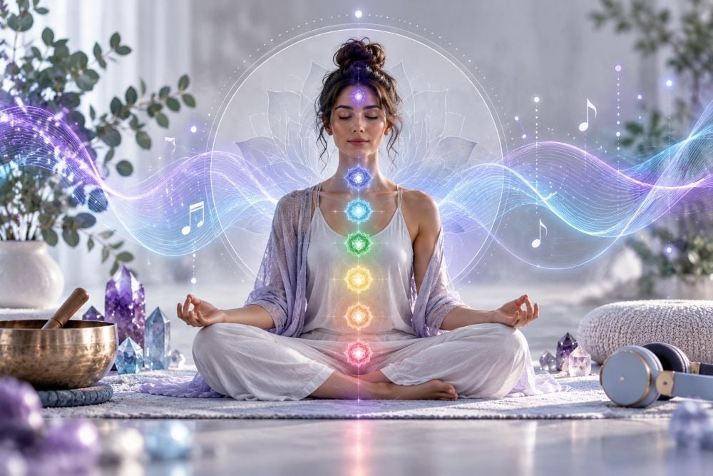 created image showing the points of each of the 7 chakras with music waves floating around4