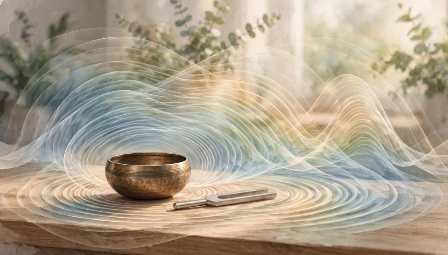 created image of tibetan singing bowl and tuning fork to create different sounds for chakra sessions
