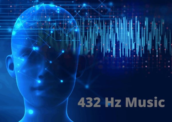 showing a silhouette of a person's head with 432 Hz Music brainwaves flowing around forehead and mind area