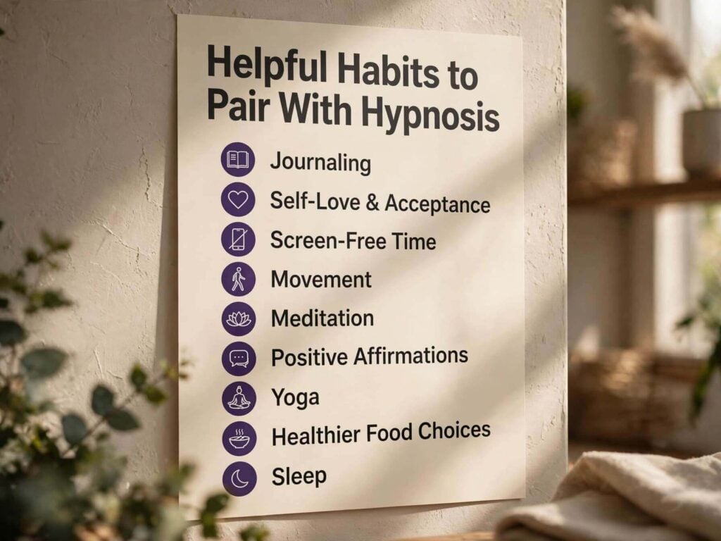 Infographic of helpful habits, like journaling and movement, to pair with hypnosis for clearing negativity