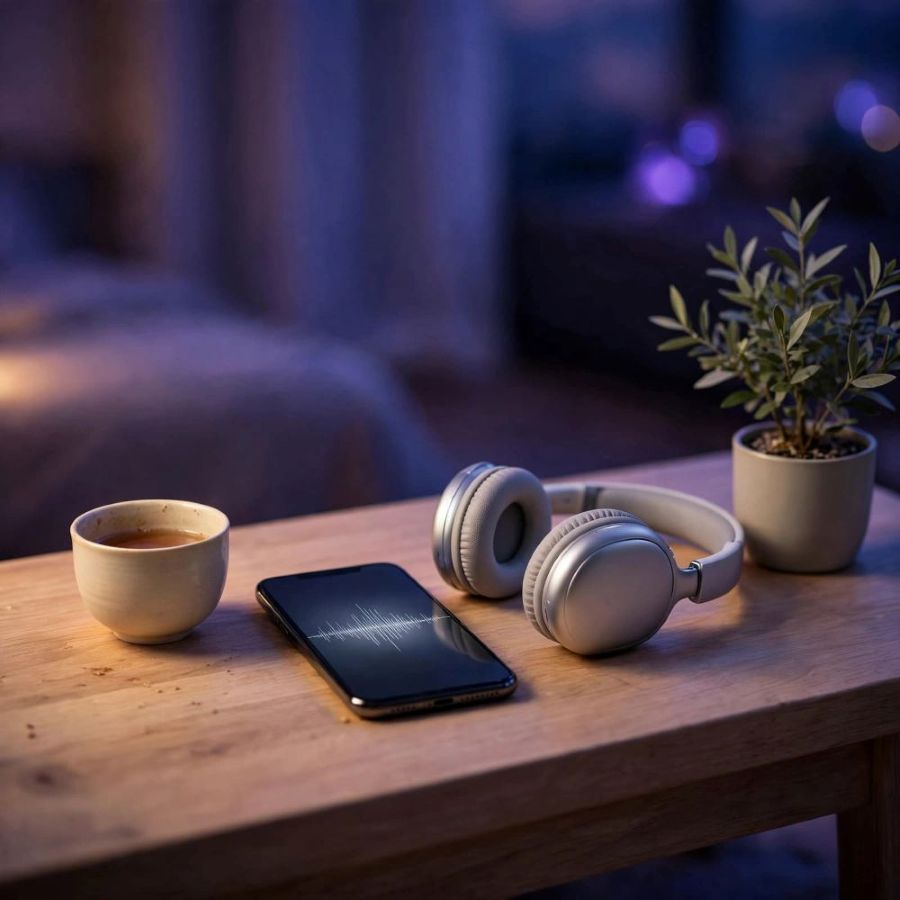 headphones and mobile and cup of tea on desk