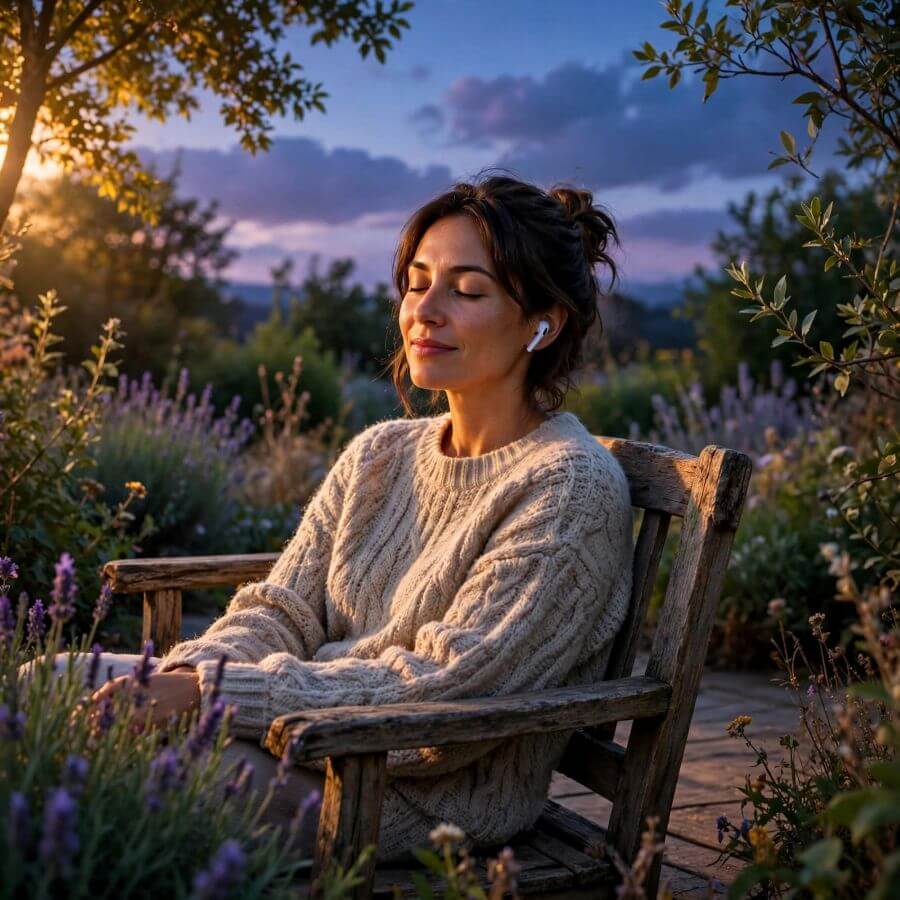 person doing mindful listening with earphones with healing music