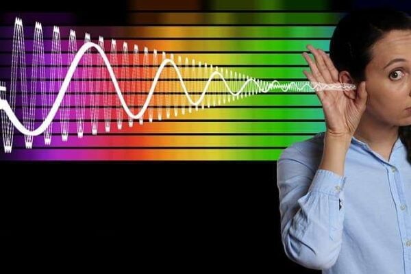 person with hand on ear, listening to soundwaves in music
