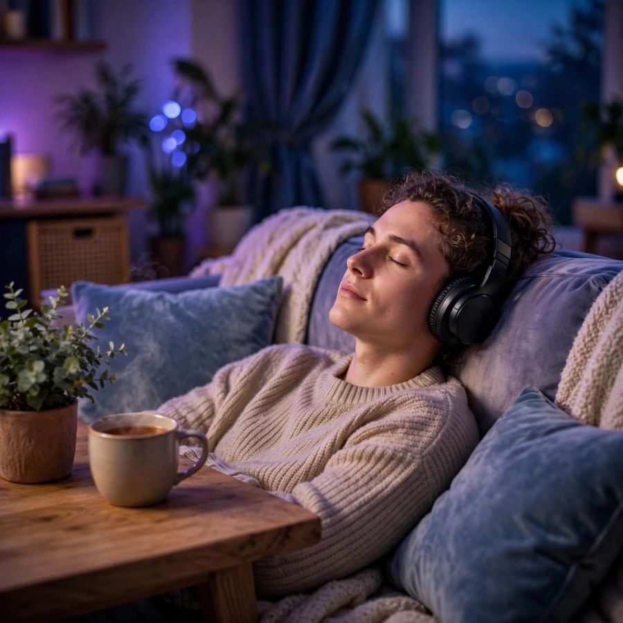 person with headphones resting on couch listening to How to Use Healing Music Frequencies in Wind Down Routines