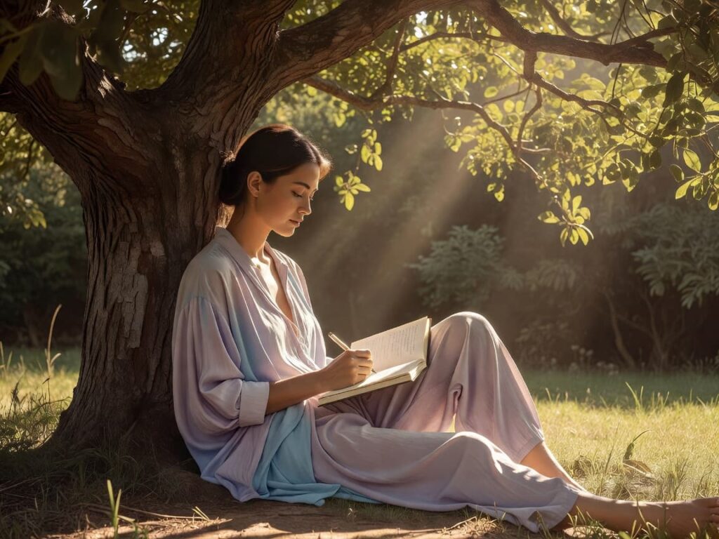 person writing in journal outdoors relaxing against tree