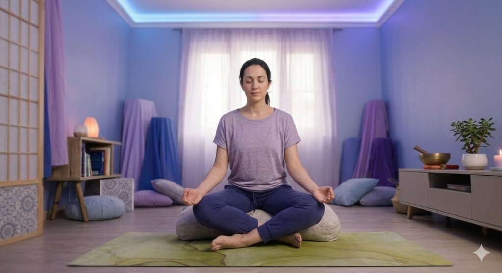 illustration of a person meditating on a crescent shaped meditation pillow