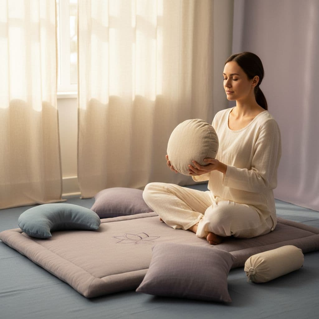 illustration of a person holding a meditation cushion trying to find the right one for their meditation style