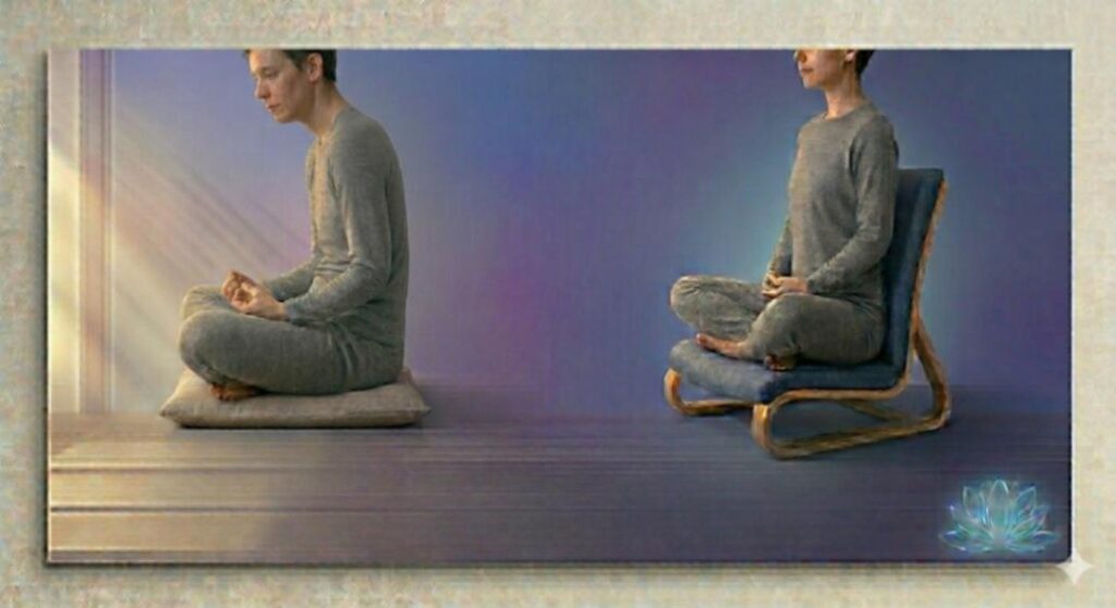 illustration showing 2 people, one with back slouching and the other in a meditation chair keeping the back upright to allow easier flow for breathwork