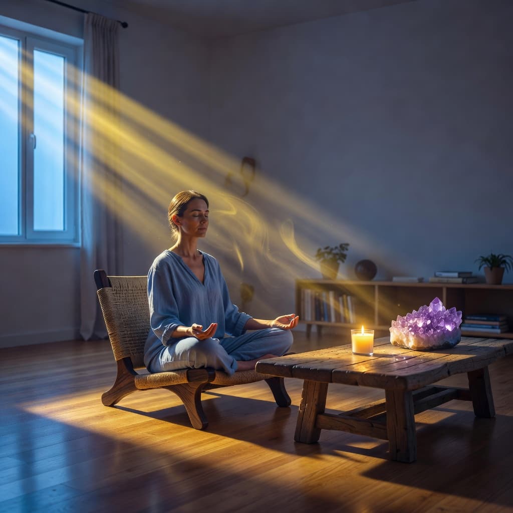 person meditating in their meditation chair, relaxed space with candle and crystal