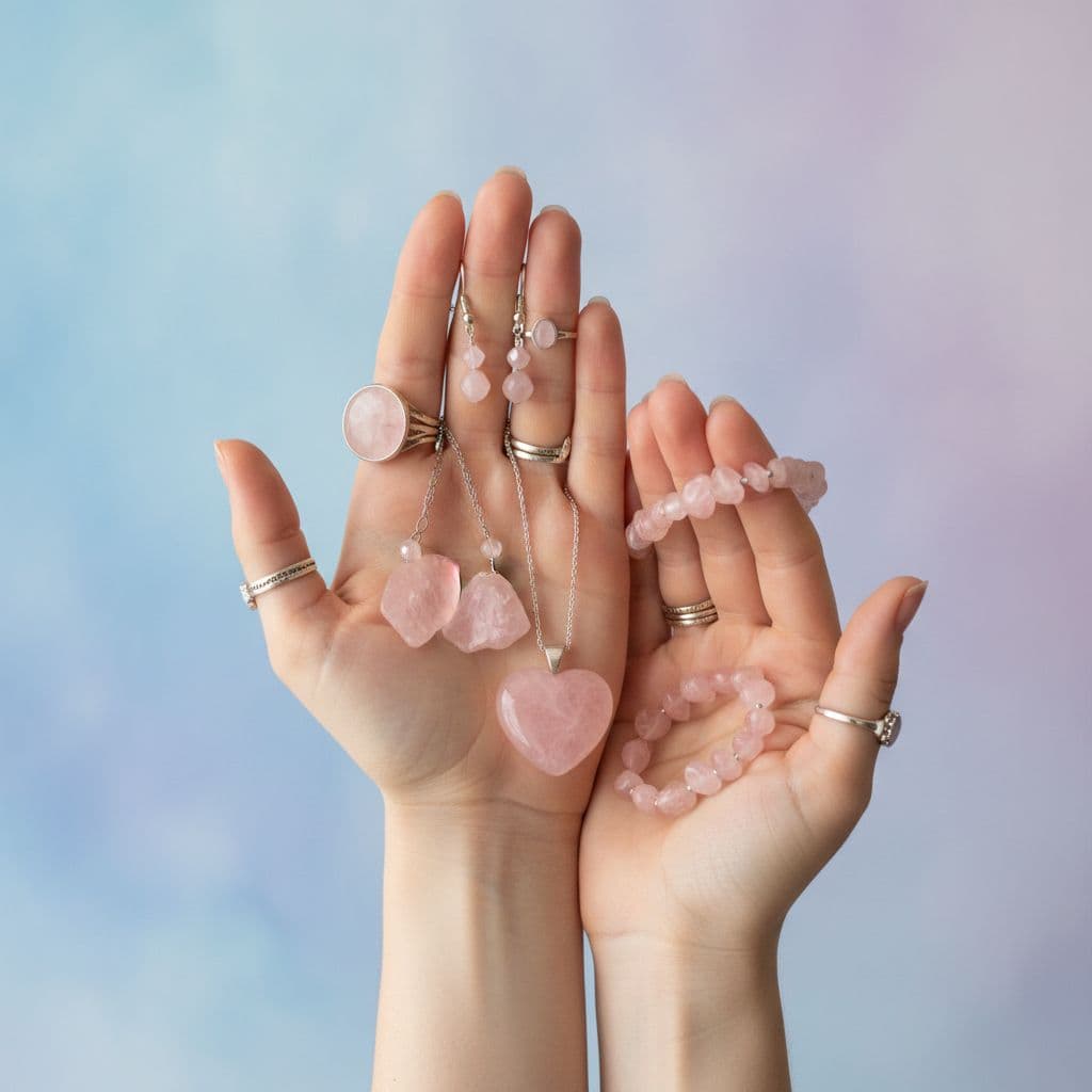 a pair of hands holding various pieces of rose quartz jewelry