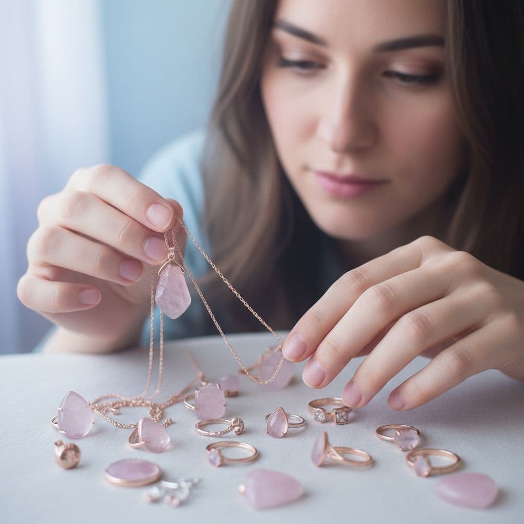 a person looking at their rose quartz jewelry to decide which piece to wear