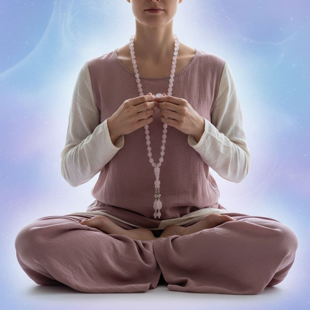 person meditating with rose quartz mala beads