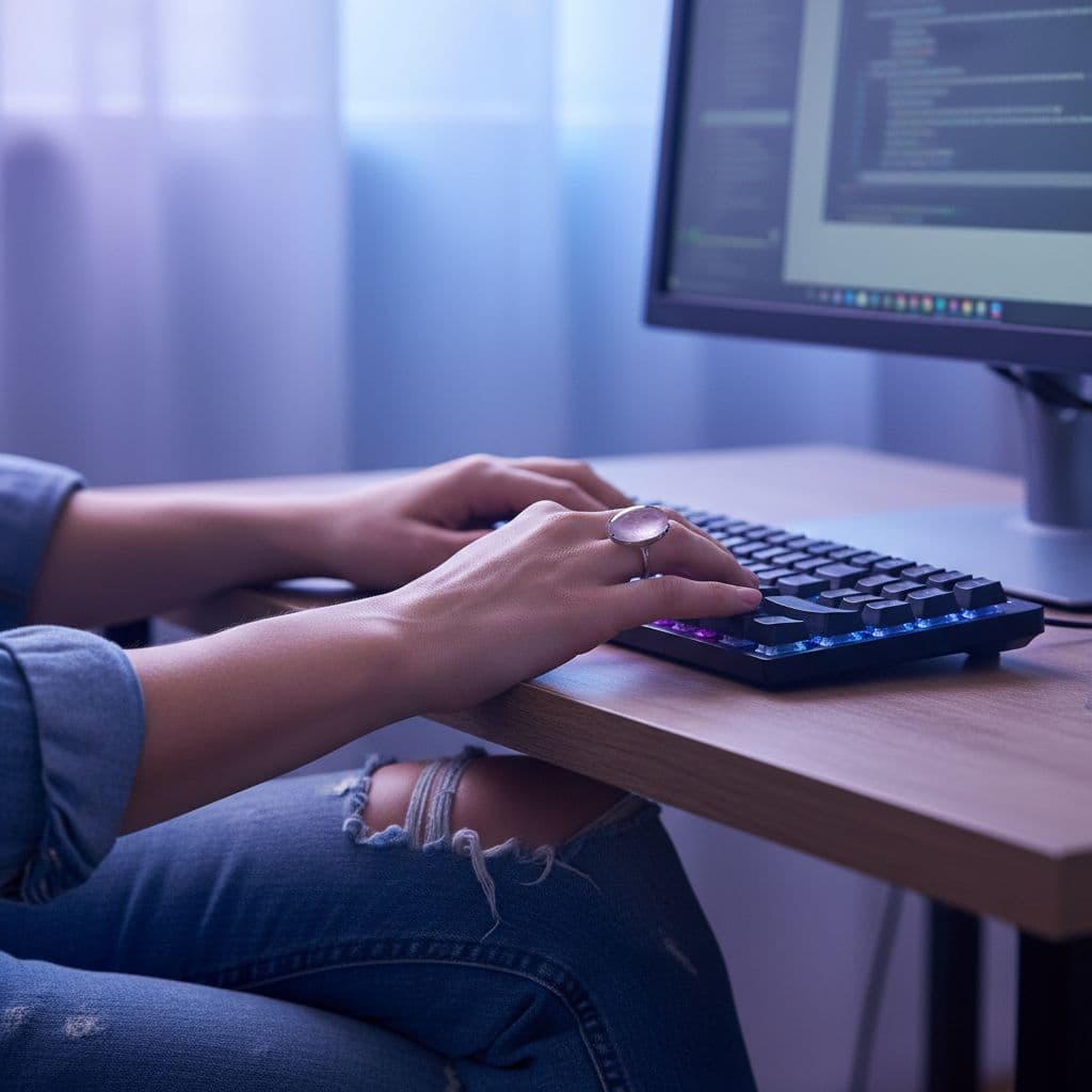 person typing wearing rose quartz ring