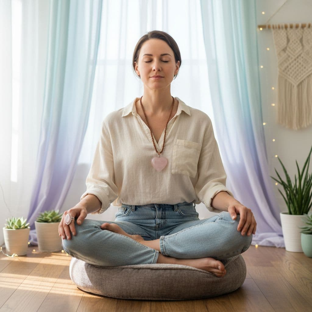 A woman in a peaceful meditation pose wearing a large rose quartz heart pendant necklace and a silver rose quartz ring.