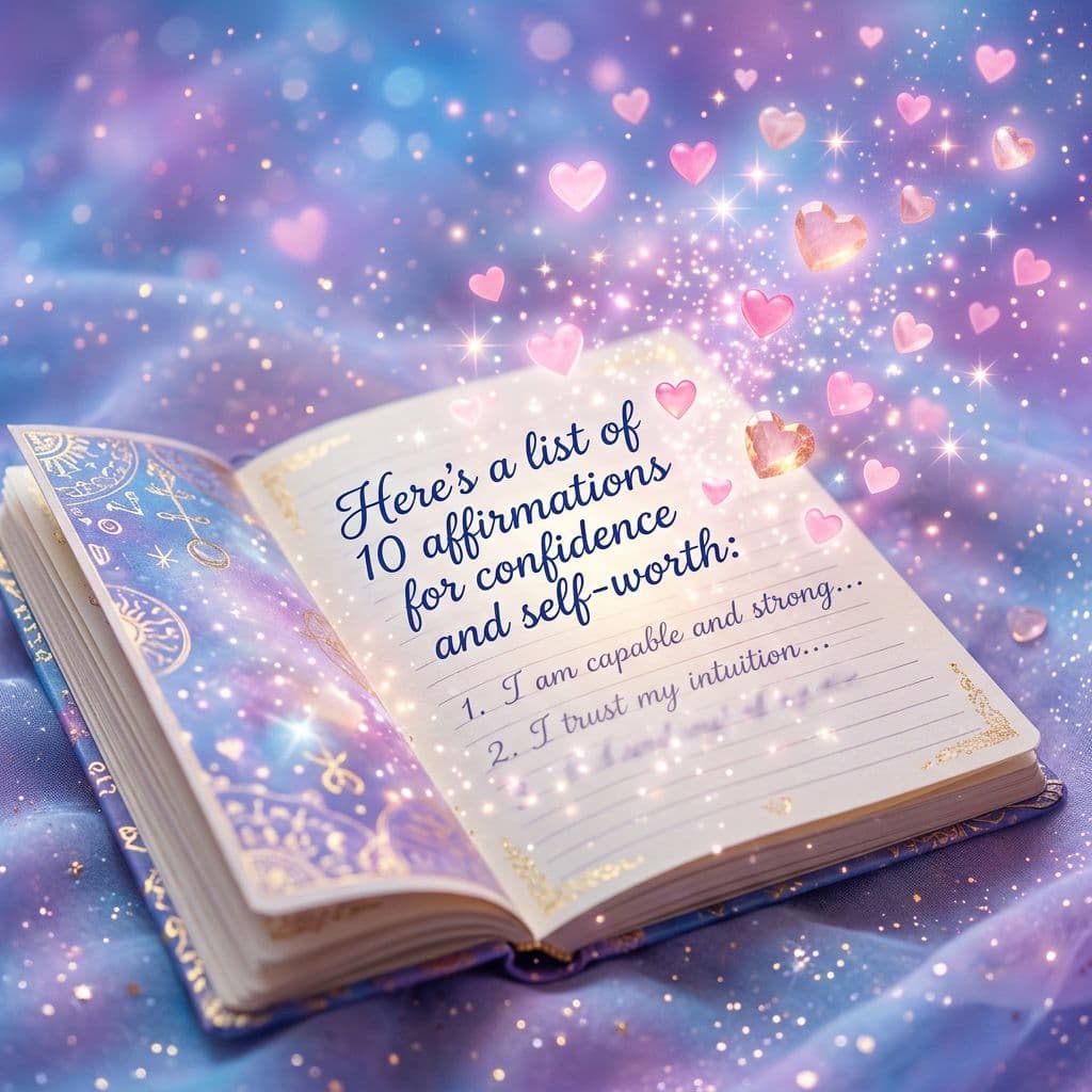 an open journal with a heading of 10 affirmations for confidence and self worth