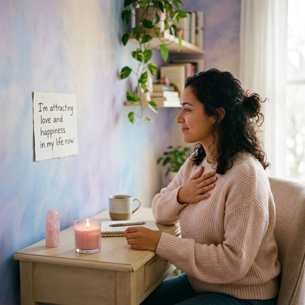 person with hand on heart reciting rose quartz affirmation with crystal near them on desk and pink candle