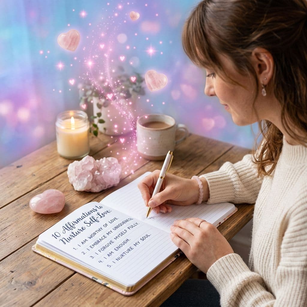 person writing in journal affirmations for nurturing self love