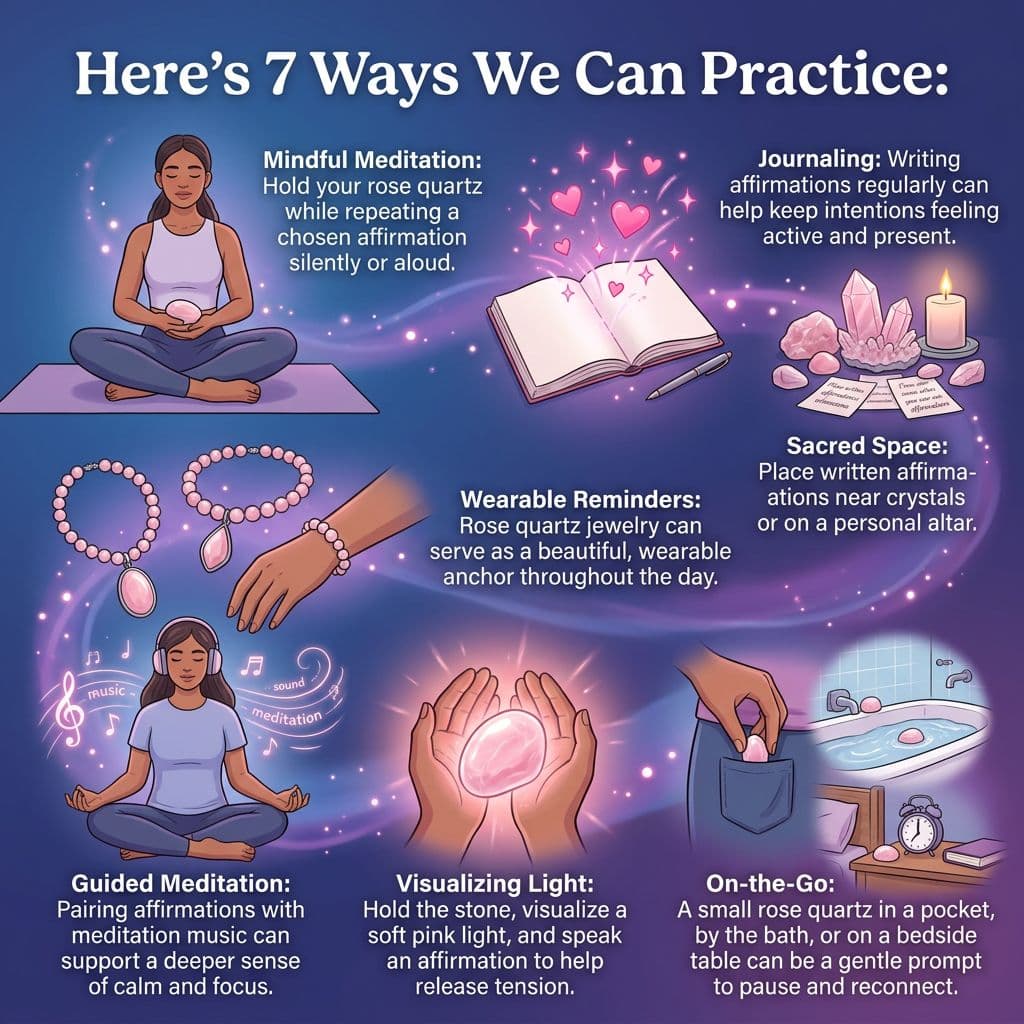info-graph showing 7 ways we can practice rose quartz affirmations