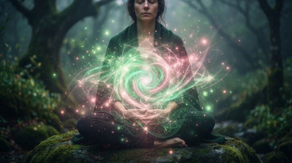 showing heart chakra energy colors of green and pink swirling around persons heart centre