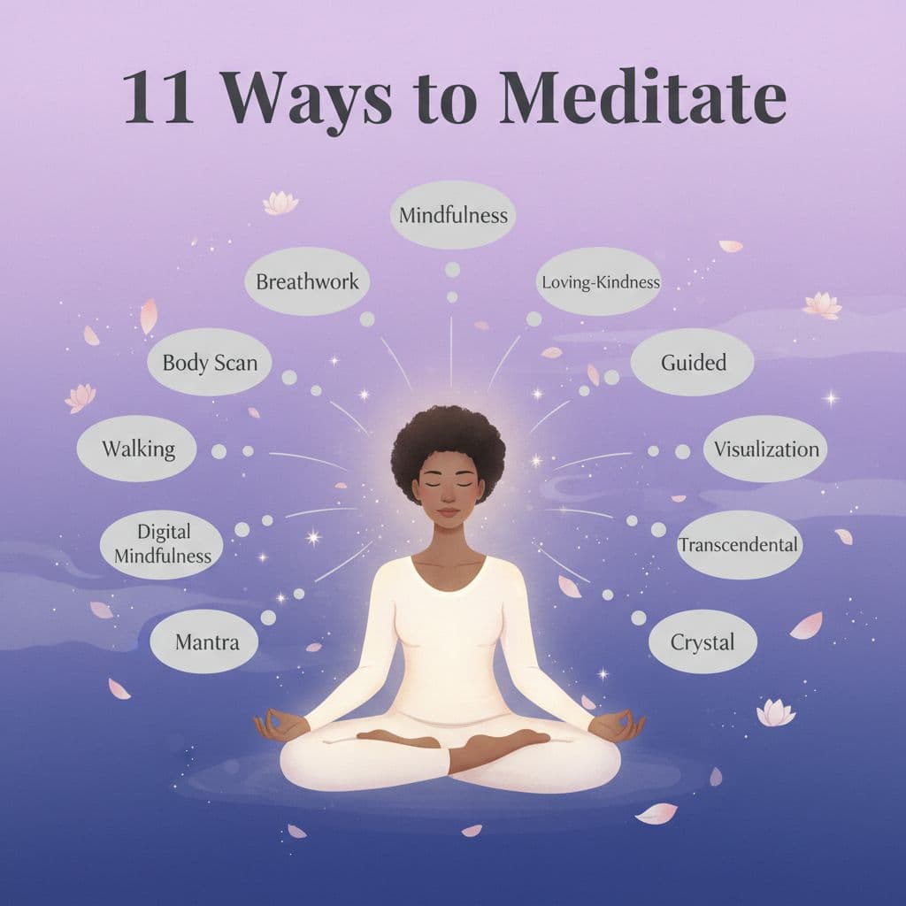 person meditating with 11 bubbles around them each one naming one of the 11 ways to meditate