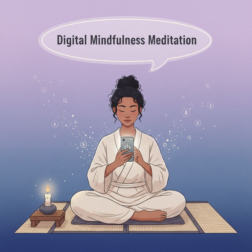 illustration of a person with their mobile switching it off ready to do a Digital Mindfulness Meditation, showing the title above image