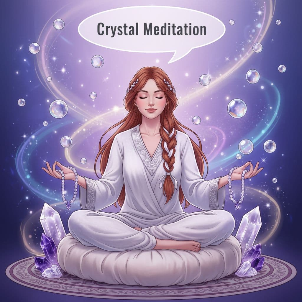 illustration showing a person doing a crystal meditation, with crystals surrounding them and showing title ontop