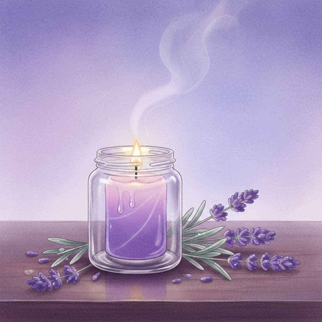 illustration showing flickering purple candle in jar with lavender herbs ready for s meditation session