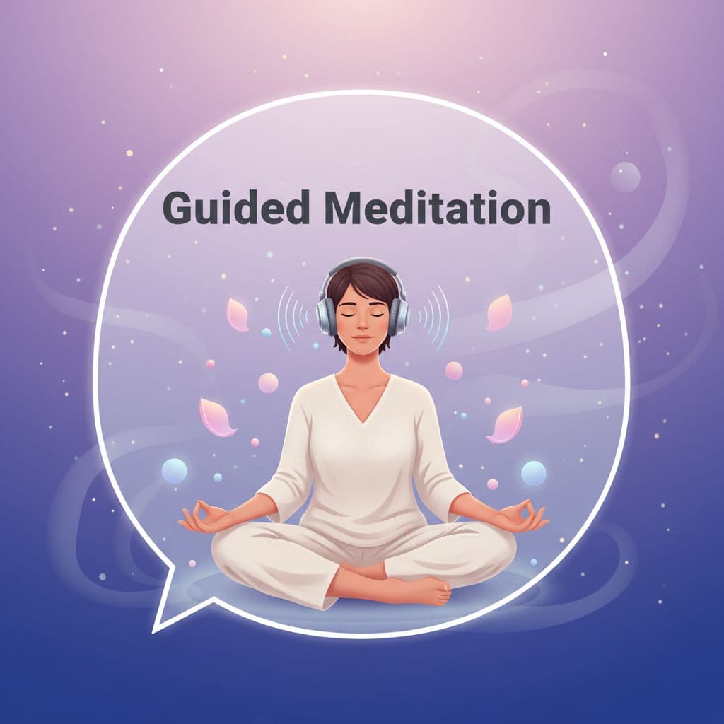 illustration of person in a guided meditation using headphones showing title for this ontop