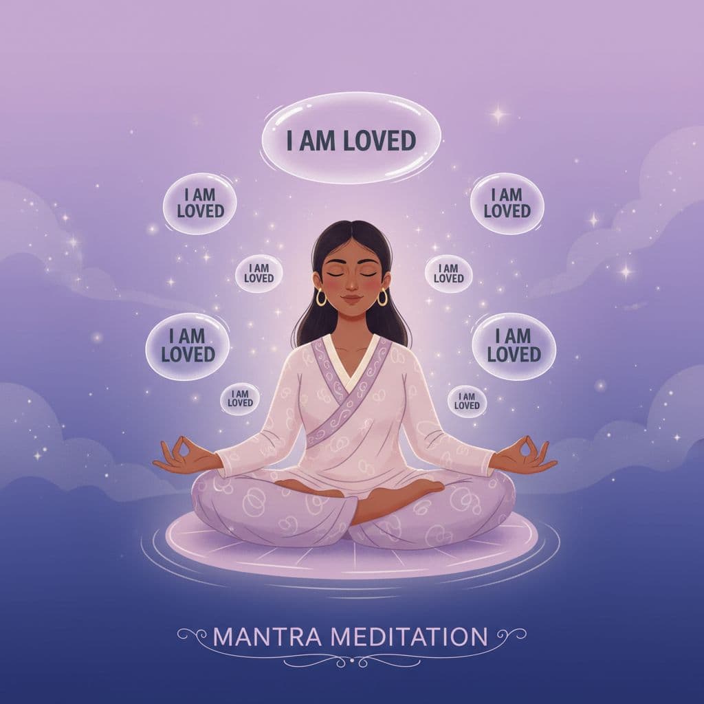 illustration of a person doing a mantra meditation, with words surrounding them saying " I am loved" with title showing ontop