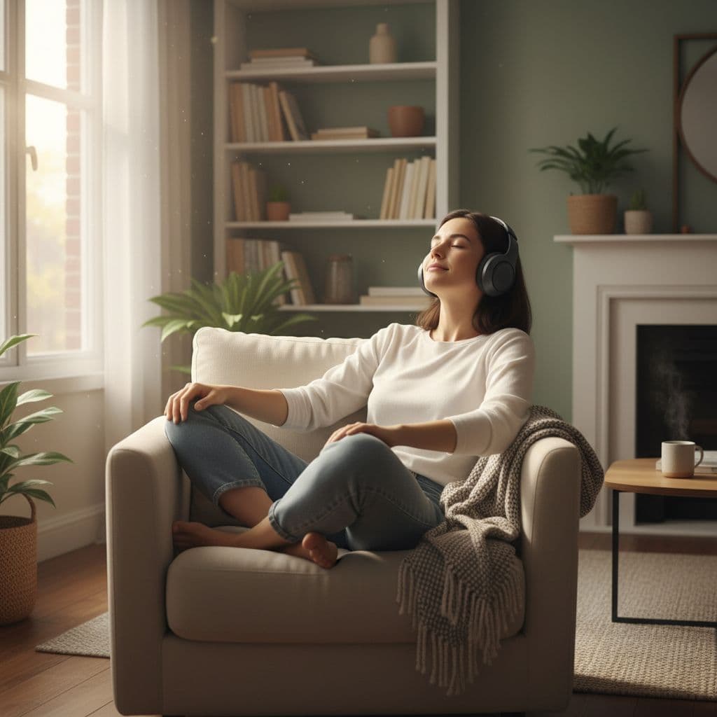 person listening to their confidence hypnosis audio whilst relaxing in their cozy couch chair