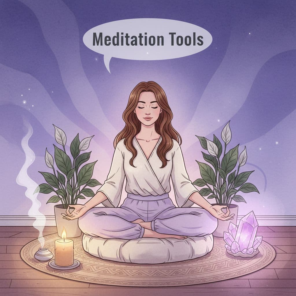 illustration of person using various meditation tools, such as crystal, candle, meditation cushion,