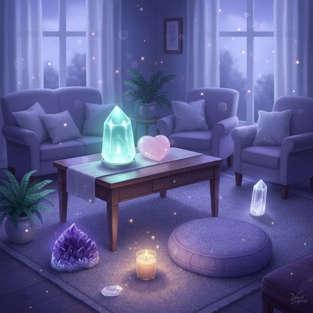 illustration of some healing crystals, meditation cushion and candle in lounge room