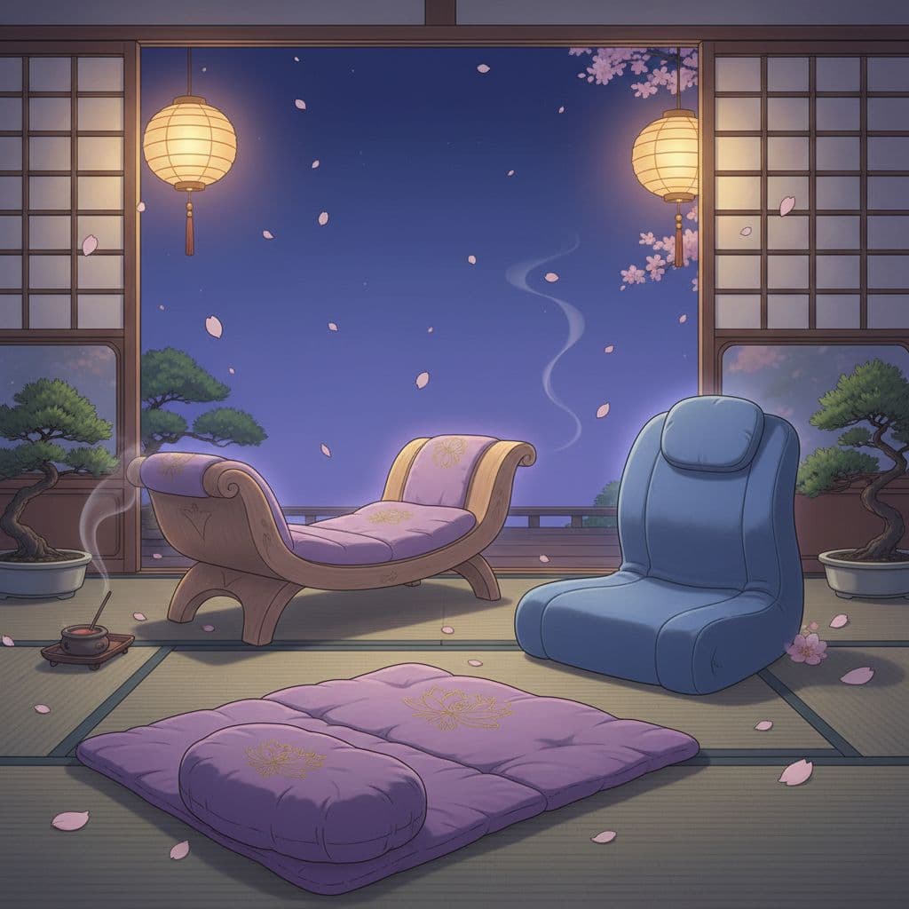 illustration of various meditation seating options, like cushion, matt, chair and bench