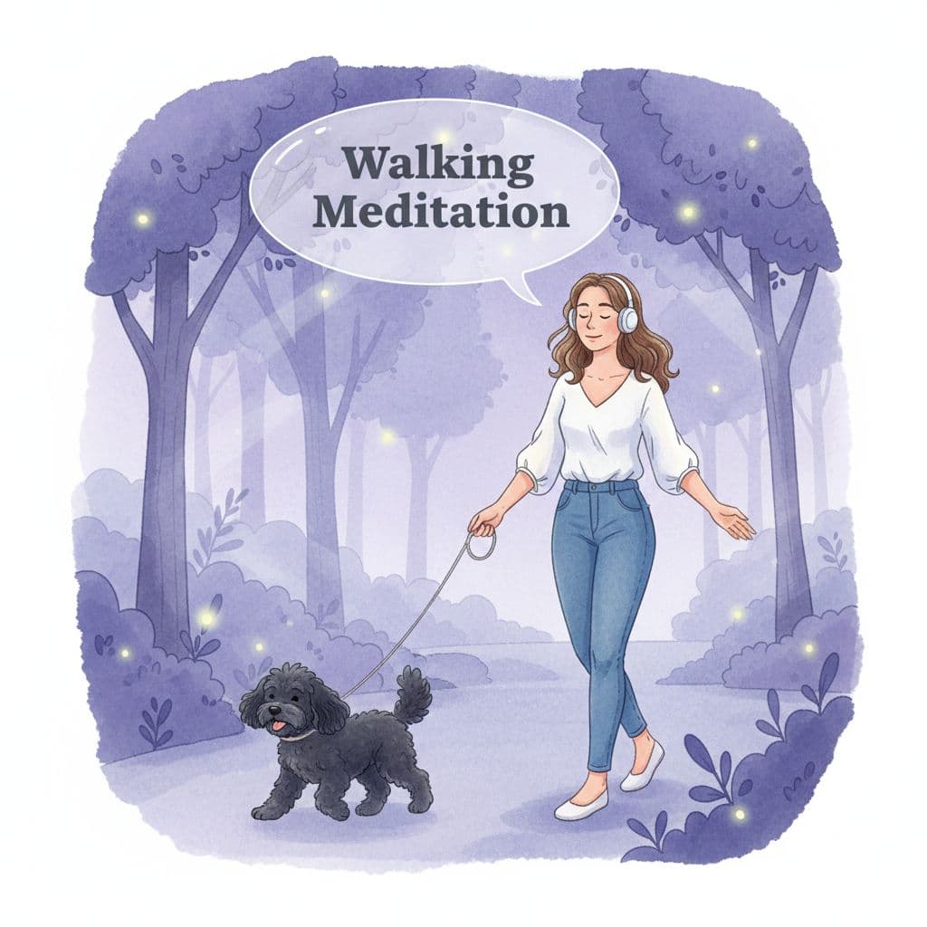 illustration of person doing a walking meditation while walking their dog as well, using headphones and title showing ontop