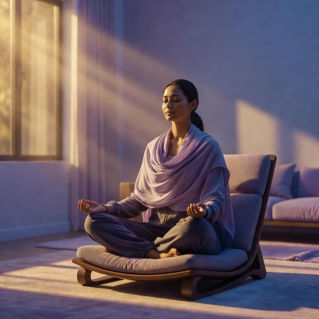 person meditating on their meditation chair and wearing meditation shawl