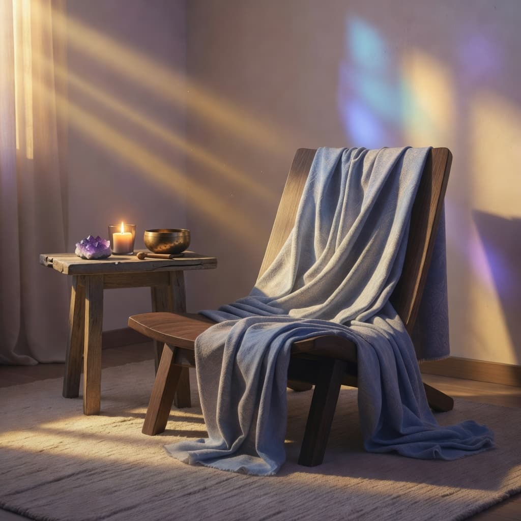 illustration of a relaxed meditation space with chair, shawl, candle, crystal and singing bowl