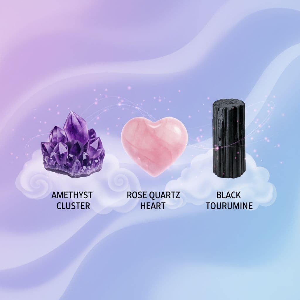 3 different healing crystals, 1 is rose quartz heart shape, 1 is black tourmaline and 1 amethyst cluster crystal